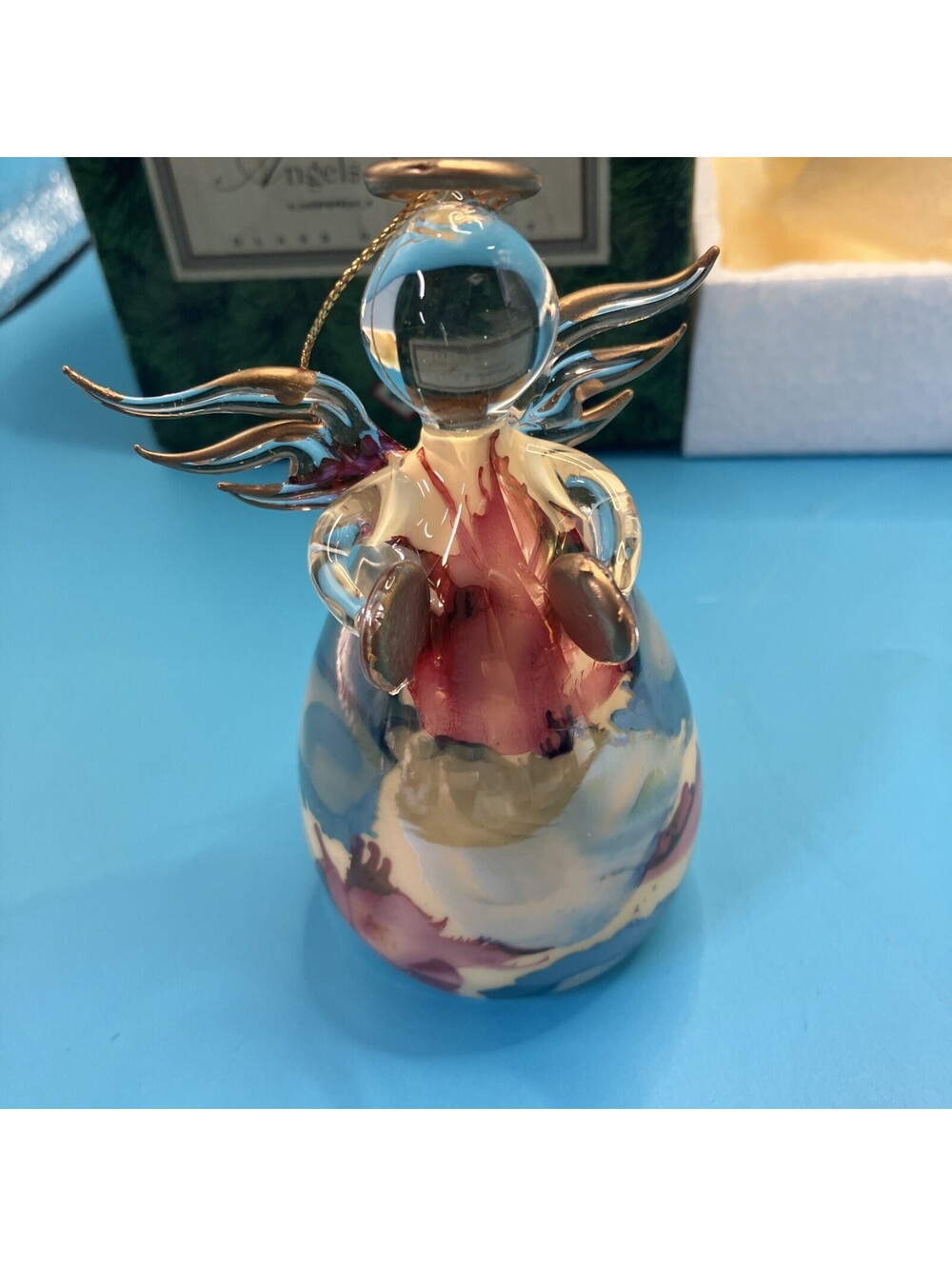 Vintage 1997 Russ Berrie 'Angel of Love' Glass Ornament Angel Playing Flute